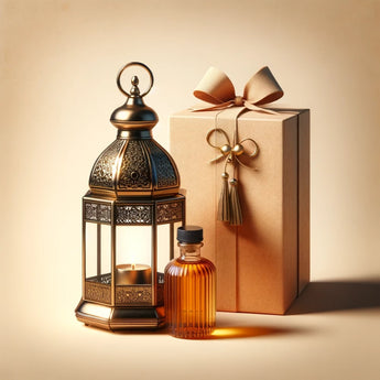 Produit oriental iconique et boîte cadeau élégante sur fond minimaliste pour promotion exclusive Galeries d'Orient