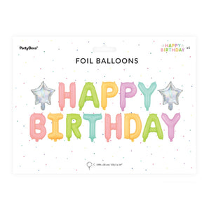 ballons en aluminium "happy birthday" et étoiles de couleur 35cm 