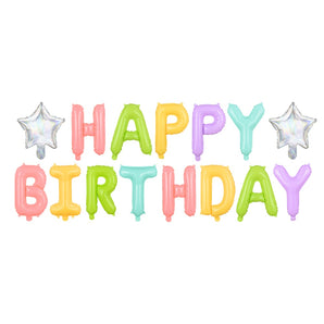 ballons en aluminium "happy birthday" et étoiles de couleur variée 