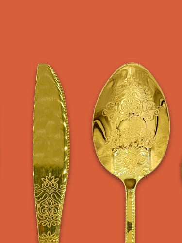 Couverts de table dorés avec motifs ornementaux pour repas de luxe - Nouveauté Fochta