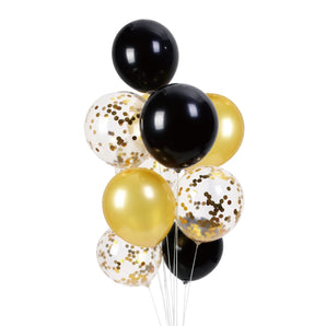 10 Ballons mélange or noir et confettis 12"